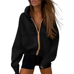 PRETTYGARDEN Women's Zip Up Hoodie Sweatshirt Y2K Fall Fashion Clothes Long Sleeve Loose Fit Pockets Casual Trendy Jacket (Black), S