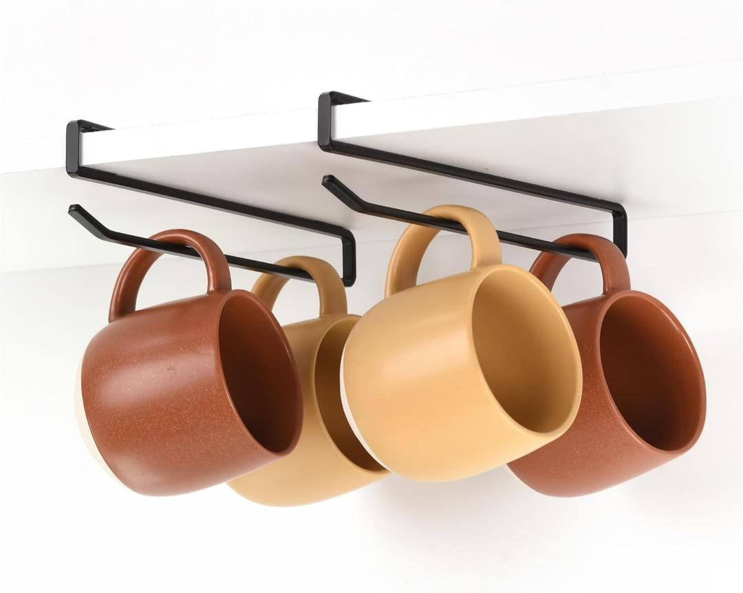 Xympo Coffee Mug Hanger for Cabinet, Clip-On Shelf, for Cups, Utensil, Tumbler Lid, Screwless Install (Pack of 2), Fits Shelves up to 3/4"