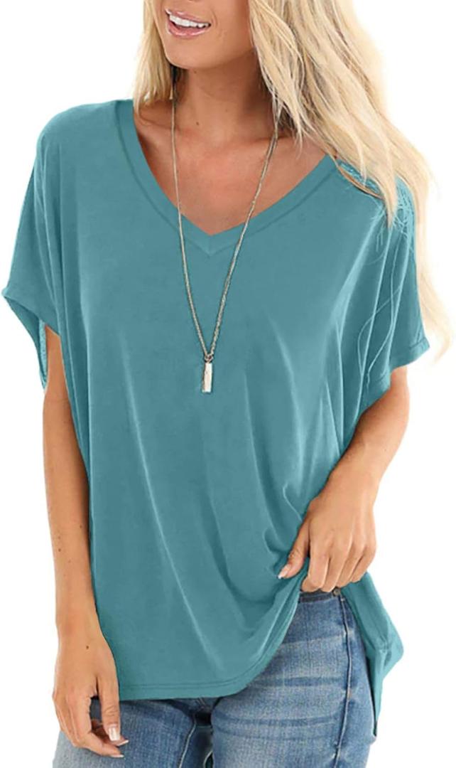SAMPEEL Womens Summer Dolman Sleeve V Neck Casual Tops Tshirts (3X-Large, Bluegreen)