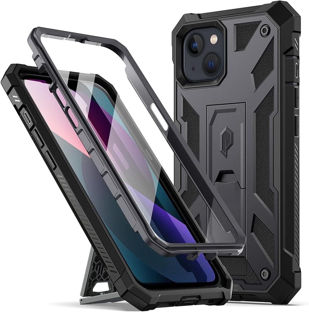Poetic Compatible with iPhone 13 Case, Spartan Series Phone Case for iPhone 13 (6.1 inch, 2021) Full Body Rugged Premium Leather Texture Shockproof Protective Cover with Kickstand, Metallic