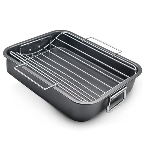 Roasting Pan With Rack 11" x 15" - Non Stick Large Roaster Pan and V-rack with foldable handles - Roasting Pans for Ovens to Elevate Food for Even Heating - Dishwasher Safe Turkey Roast Pot