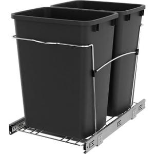 Rev-A-Shelf Double Pullout Trash Can for Kitchen Cabinets 35 Qt Garbage Recycling Bin on Full Extension Slides, Black, RV-18KD-18C S