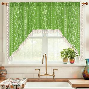 Yinhua Boho Swag Valance Curtains Vintage Linen Valances for Windows Light Filtering Floral Kitchen Valance Rod Pocket Farmhouse Rustic Tassel Window Valances for Bathroom Cafe, 60" W x 36" L, Green