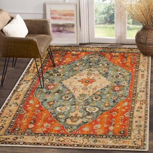 COMSLE Boho Area Rug, 4' x 6' Machine Washable Rugs for Entryway Faux Wool Large Rugs Distressed Throw Rug Non-Slip Floor Carpet for Indoor Bedroom Kitchen Living Room (Red/Green-3)