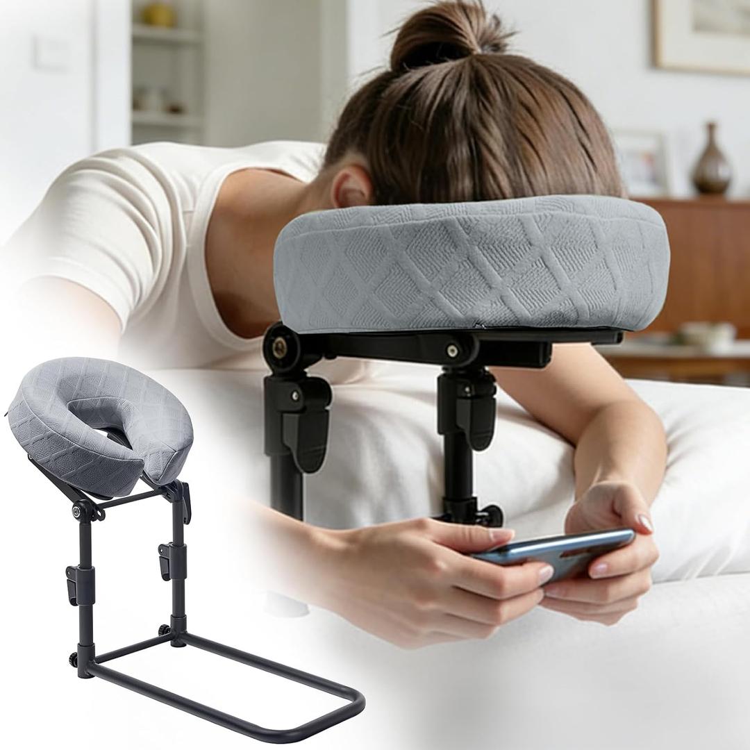 Massage Headrest for Bed, Adjustable Height Memory Foam Face Cradle with Washable Pillowcase, Gray