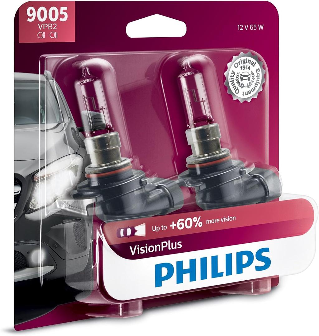 Philips Automotive Lighting 9005 VisionPlus Deluxe Upgrade Automotive Replacement Headlight Bulb, Fits Select High Beam, Low Beam, or Fog Positions (Pack of 2)