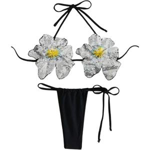 MakeMeChic Women's 3D Flower Bikini Set Sequin Glitter Halter Tie Side Bathing Suit Swimsuit (Medium, Black)