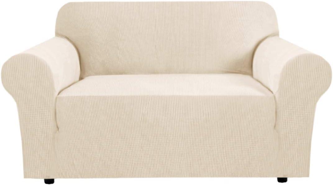 H.VERSAILTEX Stretch Couch Cover Loveseat Covers for 2 Cushion Couch Sofa Cover for Love seat 1 Piece with Elastic Bottom, Textured Checked Jacquard Fabric(Loveseat 58"-70" Wide, Natural)