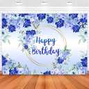 Ayayiya Blue Floral Birthday Backdrop Royal Blue Flower Gold Loops Happy Birthday Photography Background Women Girls Birthday Party Decorations Banner for Cake Table Supplies 7x5ft