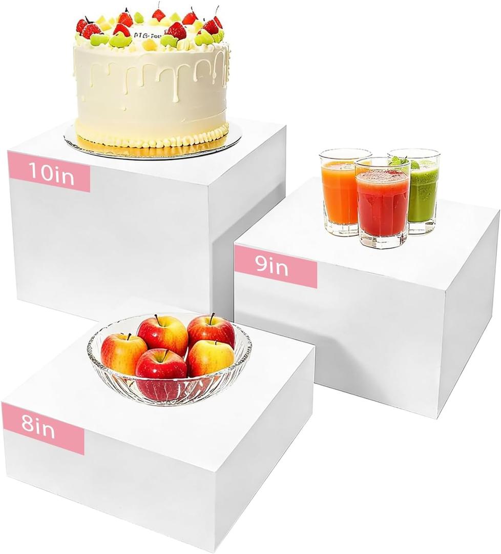 3Pcs Buffet Risers, Food Risers for Buffet Table, Display Stand Shelf for Party Catering Dessert Jewelry Collectibles , Different Size White Acrylic Cube Boxes Nesting Risers Food Display with Hollow Bottoms (3Pack square, 8''9''10'')