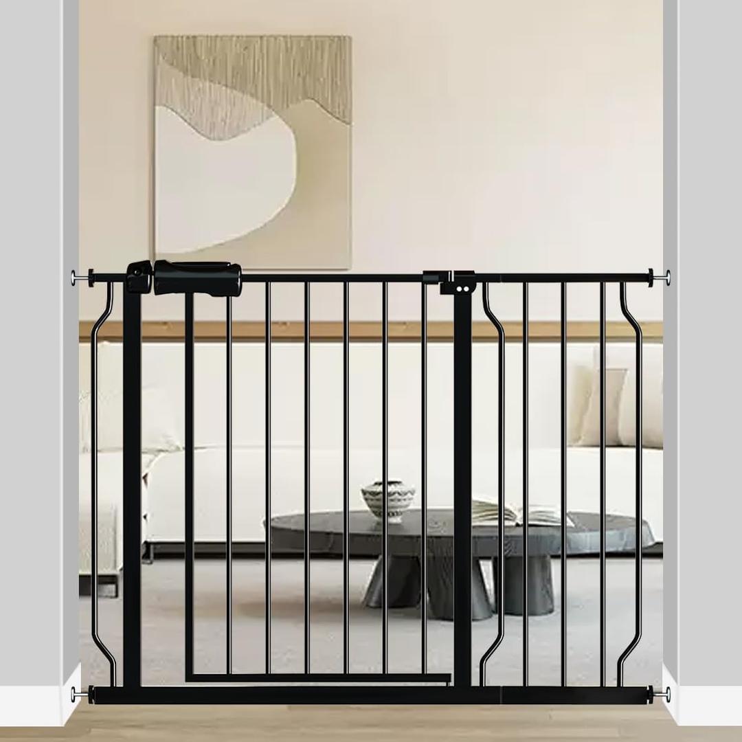 Fairy Baby Walk Through Baby Gate 38.5-43.5 Inch Wide for Stairs, Pressure Mounted Safety Gate with Door No Drill, Black Tension Metal Gate for Dog and Toddler