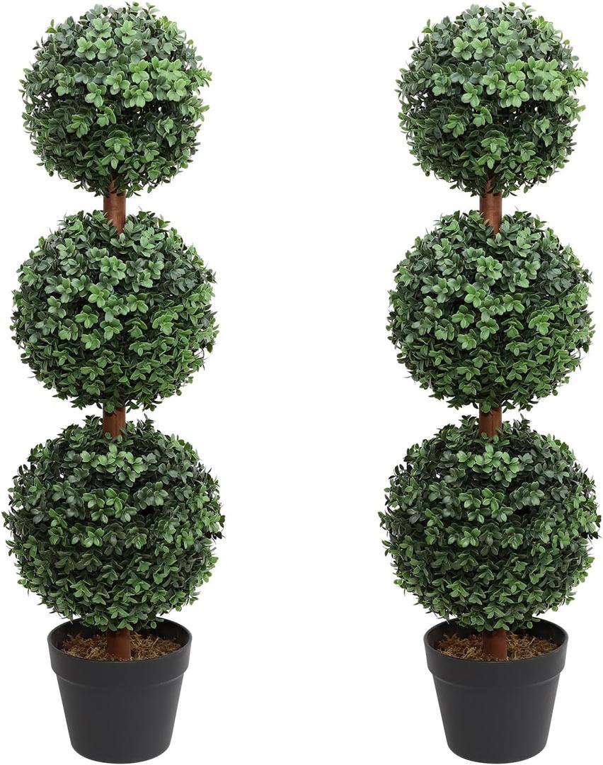 Artificial Topiary Ball Tree, 35inch Fake Topiaries Triple Ball Trees, Hold Nature 2Pack Faux Boxwood Plants Potted for Indoor Outdoor Decor (Set of 2) (Dark Green)