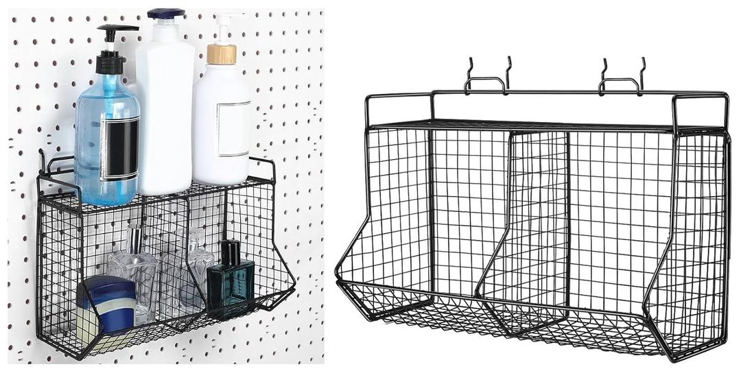 Huwena Pegboard Baskets Bins Set with 2 Hooks Black Pegboard Parts Storage System Metal Garage Tool Organizer for Workbench Bathroom Kitchen Accessory Storage(1Grid,Black)