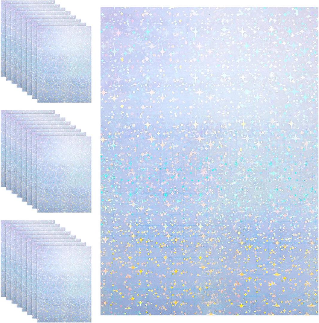 Outus 24 Sheets Holographic Sticker Paper Holographic Laminate Sheets Transparent Overlay Lamination Sticker Self Adhesive Vinyl Film A4 Size, 8.25 x 11.7 Inches(Star Style)