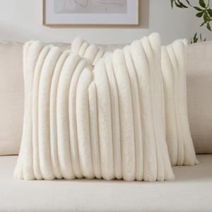 FUTEI Pack of 2 Faux Rabbit Fur Throw Pillow Covers 18x18 Inch Soft Fluffy Thick & Thin Striped Textured Decorative Cushion Case Modern Farmhouse Accent for Couch Bed Living Room, Cream White