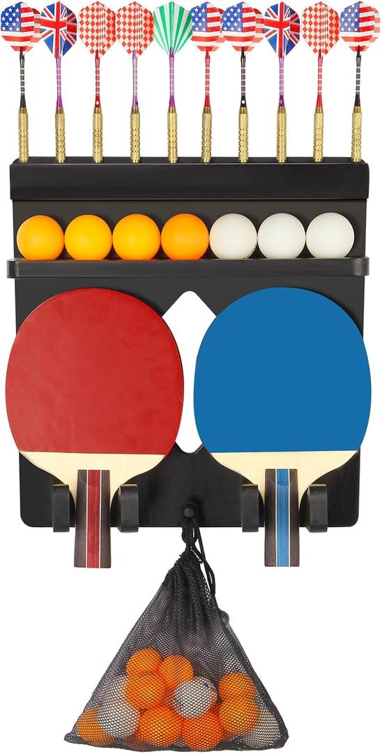 Ping Pong Paddle Holder Wall Mount Hold 8 Paddles, Ping Pong Rack Dart Holder 2-in-1, 100% Solid Wood Table Tennis Organizer, Black