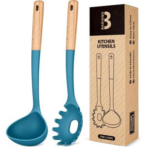 Pasta Fork and Ladle Set, Perfect for Serving Hot Soup, Stirring, and Sauce Pasta, BPA-Free Matte Silicone, Wood Handle Spaghetti Spoon for Nonstick Cooking Surfaces (Blue)