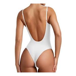 REORIA Womens Sexy Trendy Open Back V Neck Spaghetti Strap Backless Trendy Cami Bodysuit Tops (Medium)