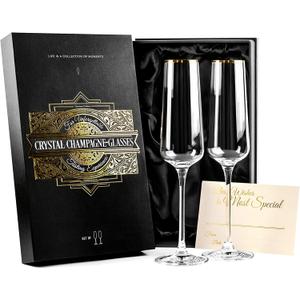 Gold Rim Champagne Gift Glasses | Set of 2 | Crystal Square Toasting Flutes for Bride and Groom, Wedding, Anniversary, Birthday | Elegant Long Stemmed Glassware for Sparkling, Prosecco