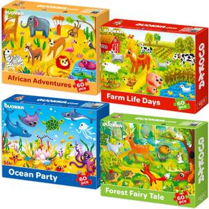 QUOKKA Puzzles for Kids Ages 4-6 - Set of 4x60 Jigsaw Puzzles for Toddlers 3-5 - Animals Toys for Children 6-8 yo - Gift Educational Game for Boys & Girls