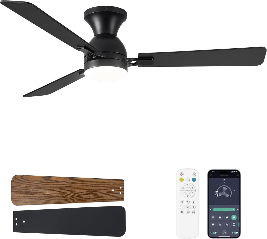Ceiling Fans with Lights, 52 inch Low Profile Ceiling Fan with Light and Remote Control, Flush Mount, Reversible, 3CCT, Dimmable LED, Noiseless, Black Ceiling Fan for Bedroom, Living Room