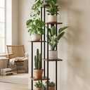 GENTINGBRO Corner Plant Stand Indoor Tall Plant Stand Brown 6 Tier | Plant Shelf for Multiple Plants Tiered Plant Stand Wood Plant Stands Metal Shelving for Living Room Bedroom Balcony Patio