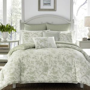 Laura Ashley Home - King Duvet Cover Set, Reversible Cotton Bedding, Includes Matching Shams with Bonus Euro Shams & Throw Pillows (Natalie Green, King) (King (7-Piece))