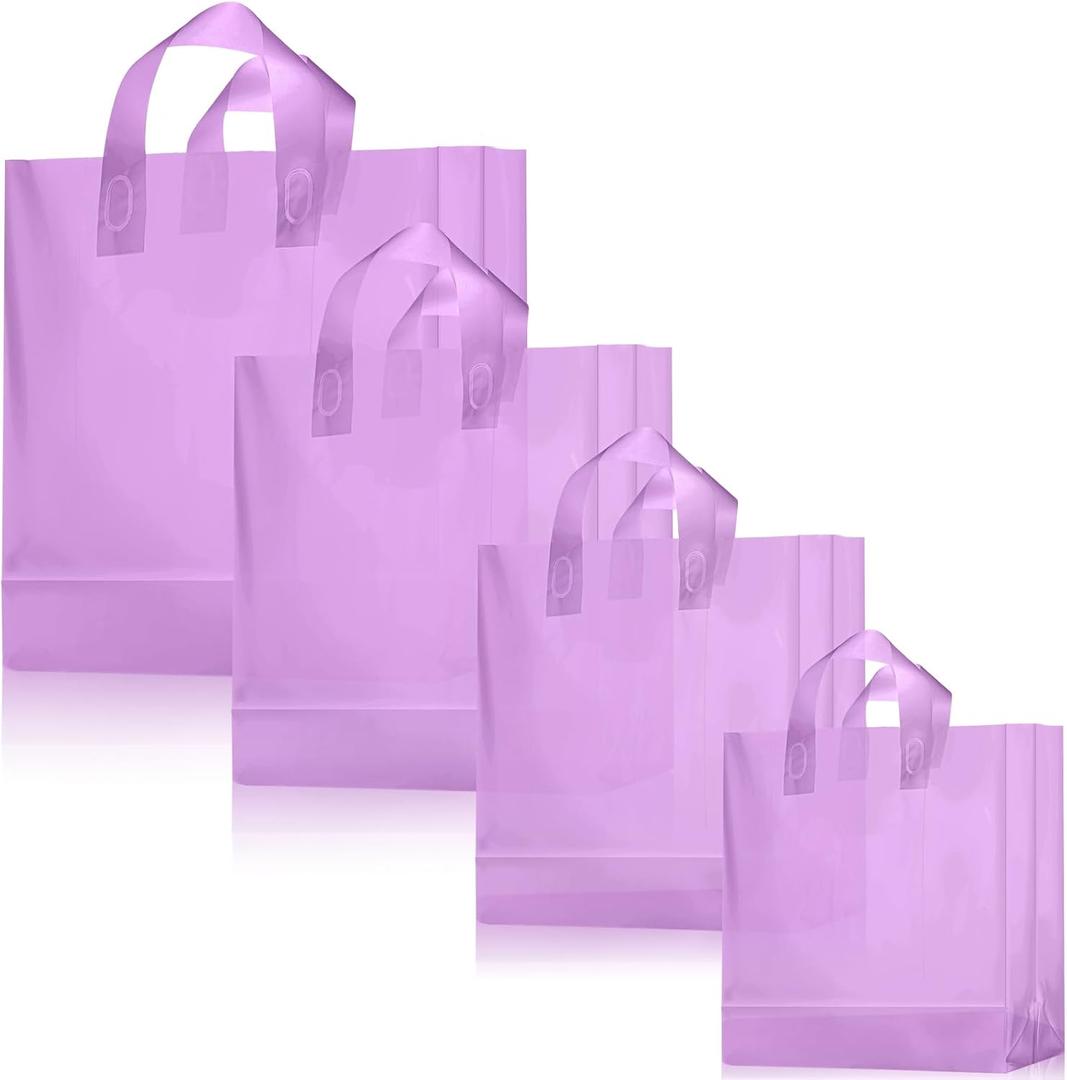 Weewooday 100 Pcs Frosted Plastic Gift Bags with Handles for Small Business Clear Shopping Bags with Cardboard Bottom,4 Sizes (Purple)