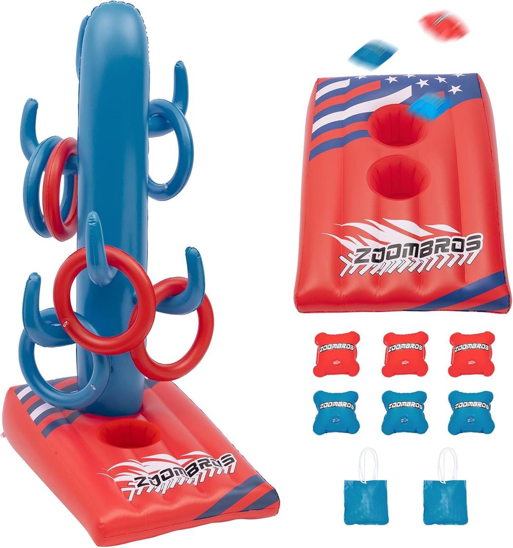 ZOOMBROS 2in1 Cornhole, 6 Bean Bags & Ring Toss with Anchor Bags, Inflatable Cornhole Pool Game Floating, Pool Toys for Adults Teens and Family (Yellow)