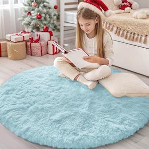 OLANLY Light Blue Round Rugs for Bedroom - Machine Washable, 4 ft Circle Area Rugs for Living Room, Soft and Fluffy Shaggy Carpet for Teen Girl and Boys, Nursery Rooms, Dorms, Home Decor Aesthetic