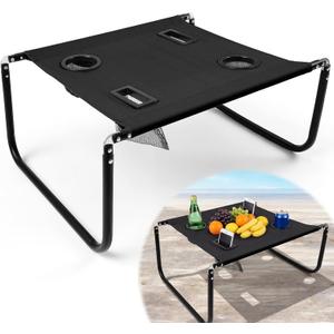 Portable Beach Table Foldable Camping Picnic Table with Cup Holder and Phone Pockets Lightweight Stable for Tailgate Travel Fishing Hiking and Outdoor Adventures(Black,Solid Pattern)