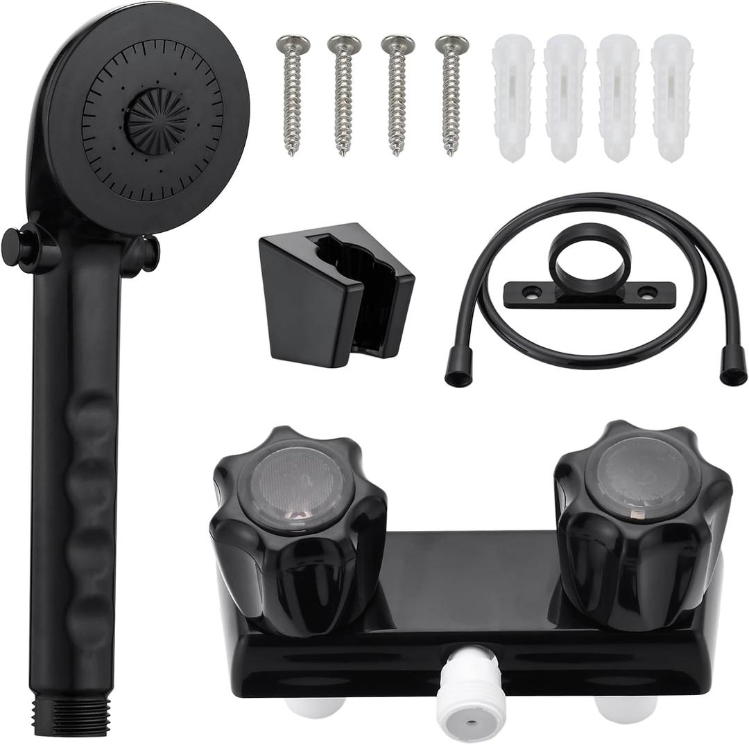 RV Shower Faucet with Handheld Showerhead & Hose, 4" ABS Shower Valve Diverter, Leak & Rust Resistant for RV Camper Motorhome Travel Trailer (Black, Indoor/Outdoor Use)