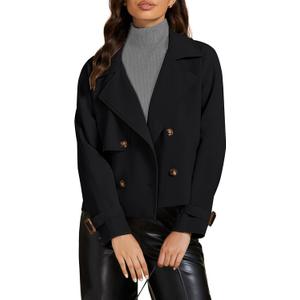 luvamia Cropped Trench Coat for Women Long Sleeve Double Breasted Notched Lapel Casual Loose Fit Jackets with Pockets, L
