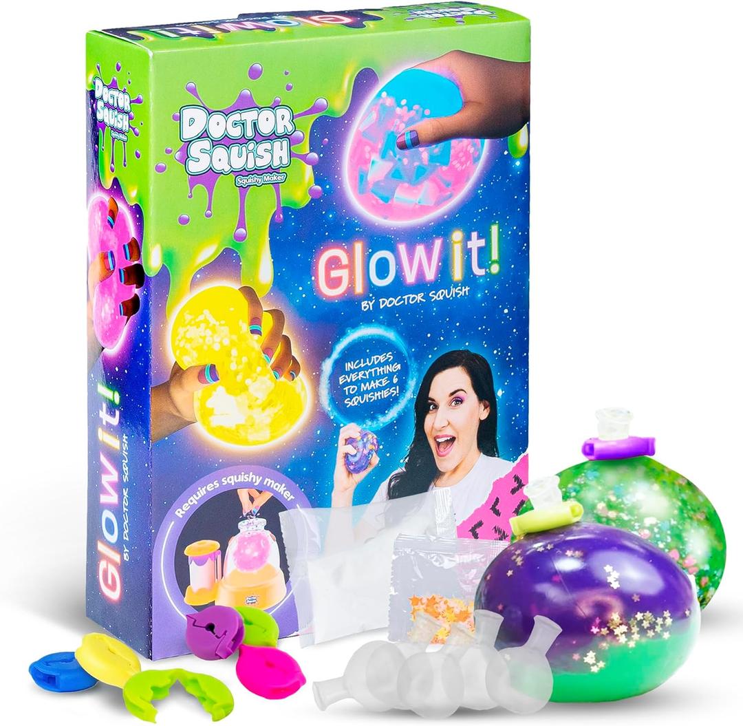 Doctor Squish Squishy Pack Neon Refill | with 6 TPR Balloons, 6 Reusable Clips, Glow in The Dark Sparkles & Slime Powder | Make Your Own Neon Glow Squishies | 1 Pack