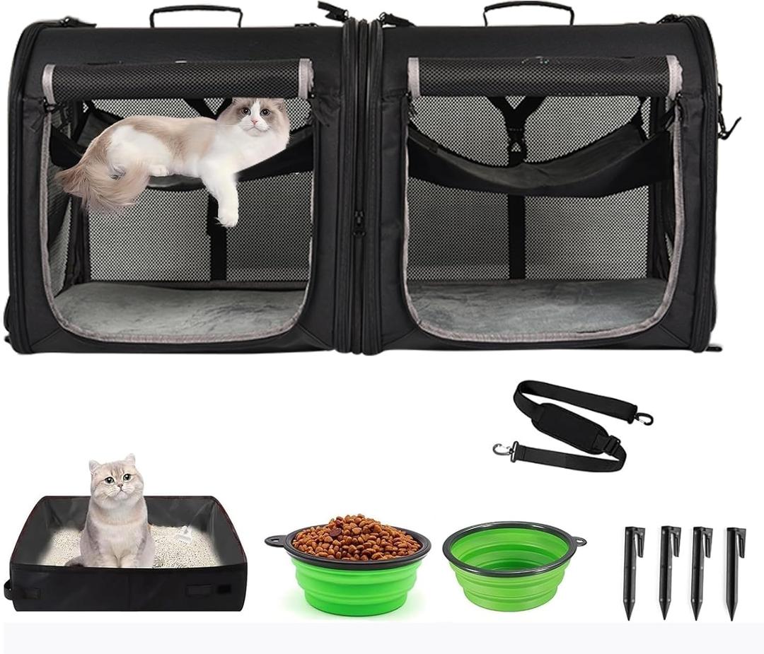 Portable 2-in-1 Pet Carrier for Medium Dogs Large Cat Carrier for 2 Cats Travel Double Dog Crate Set with Portable Carry Bag/Hammocks/Mats/Tent Stakes/2 Pcs Pet Bowls for Outdoor Camping (2.0 Black)