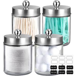 Amolliar 4Pc Apothecary Jars Bathroom Vanity Storage Organizer Set -Countertop Canister with Stainless Steel Lids &Stickers - Qtip Dispenser Holder for Qtip,Cotton Swab,Makeup Sponge (Brushed Nickel) Amolliar 4Pc Apothecary Jars Bathroom Vanity Storage Organizer Set -Countertop Canister with Stainless Steel Lids &Stickers - Qtip Dispenser Holder for Qtip,Cotton Swab,Makeup Sponge (Brushed Nickel)