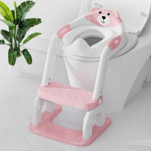 Potty Training Seat with Step Stool, Toddler Potty Training Toilet Seat with Non-Slip Step Splash Guard Safety Handles and Waterproof Cushion, 2 In 1 Toddler Potty Seat (Pink)