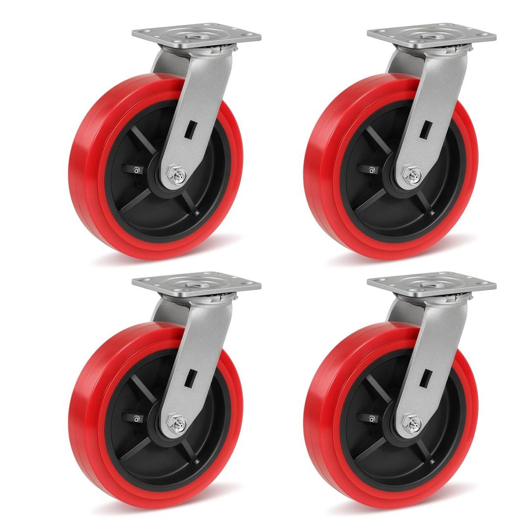 8 inch Industrial Casters-Polyurethane on Polyolefin Swivel Casters, Set of 4 Heavy Duty Casters with 6000 lb Capacity, Caster Wheels for Workbench, Industrial Equipment (4Swivel)