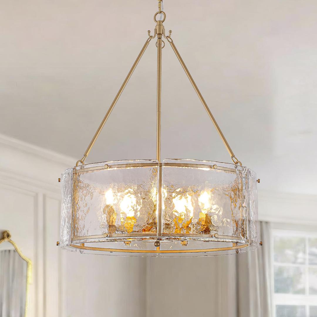 20" Glass Glod Chandeliers Modern Chandeliers for Dining Room, 5 Light Drum Entryway Light Fixture, Adjustable Pendant Lights Kitchen Island Foyer Chandelier for Entryway, Bedroom, Bathroom
