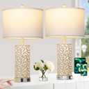 Morden Farmhouse Table Lamps Set of 2, Touch Control Bedside lamp with 2 USB Ports & AC Outlet,Vintage Nightstand Lamp with Nightlight for Bedroom Living Room Entryway,White