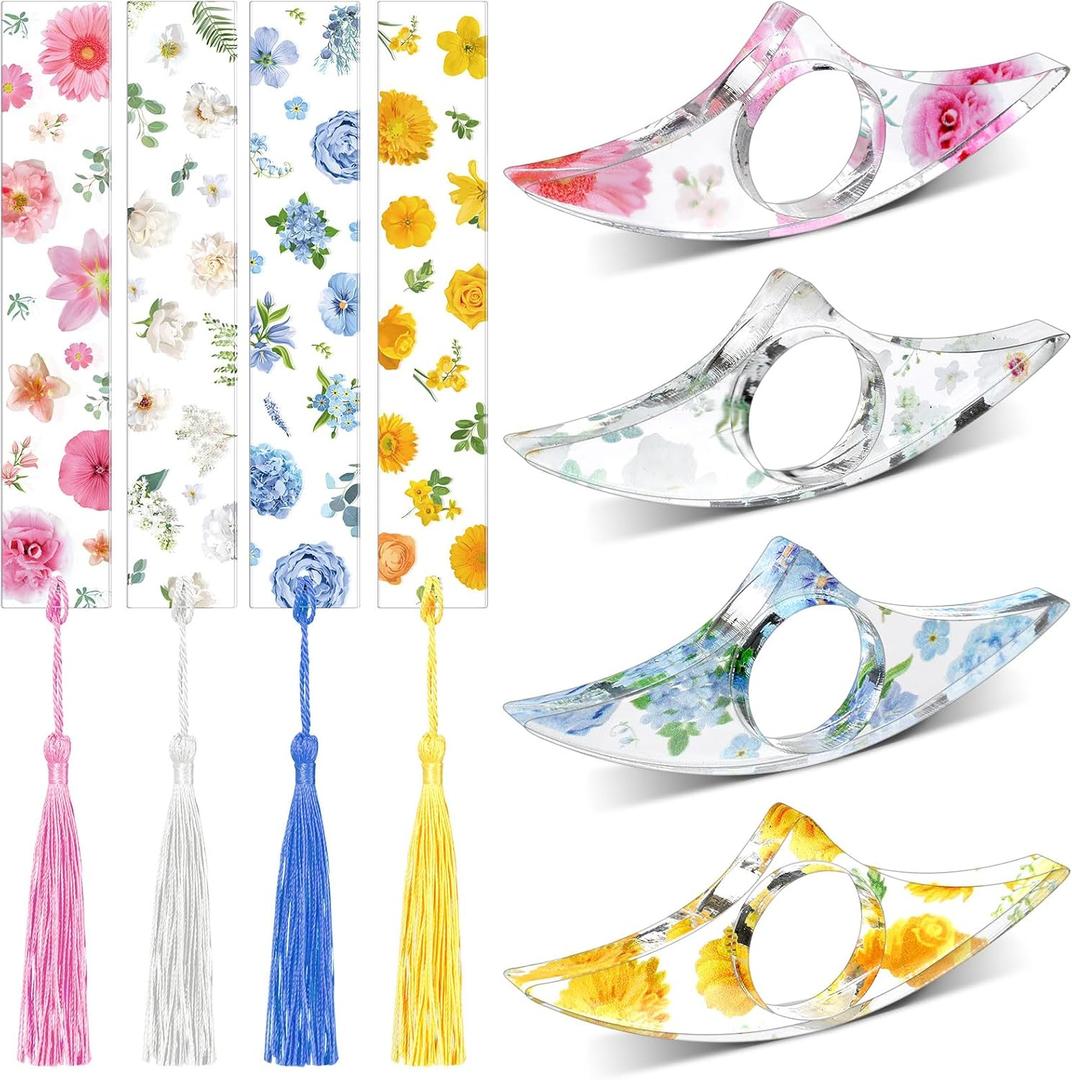 8 Pieces Flower Acrylic Bookmarks Book Page Holder Floral Bookmarks with Colorful Tassels Thumb Ring Transparent Page Holders for Reading Teachers Book Lovers Women(Clear)