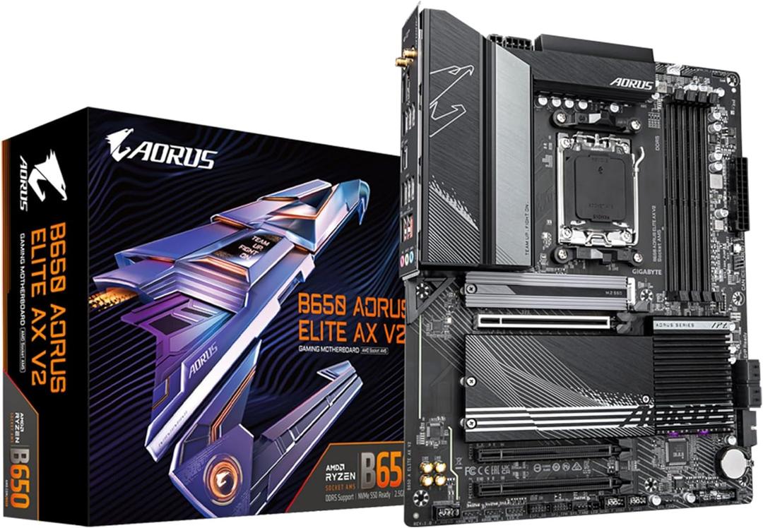 GIGABYTE B650 AORUS Elite AX V2 AMD AM5 ATX Motherboard, Support Ryzen 9000/8000/7000 Series, DDR5, 12+2+2 Power Phase, PCIe 5.0 M.2, USB-C 3.2 Gen 2, WIFI6E, 2.5 GbE, EZ-Latch, Q-Flash, RGB Fusion
