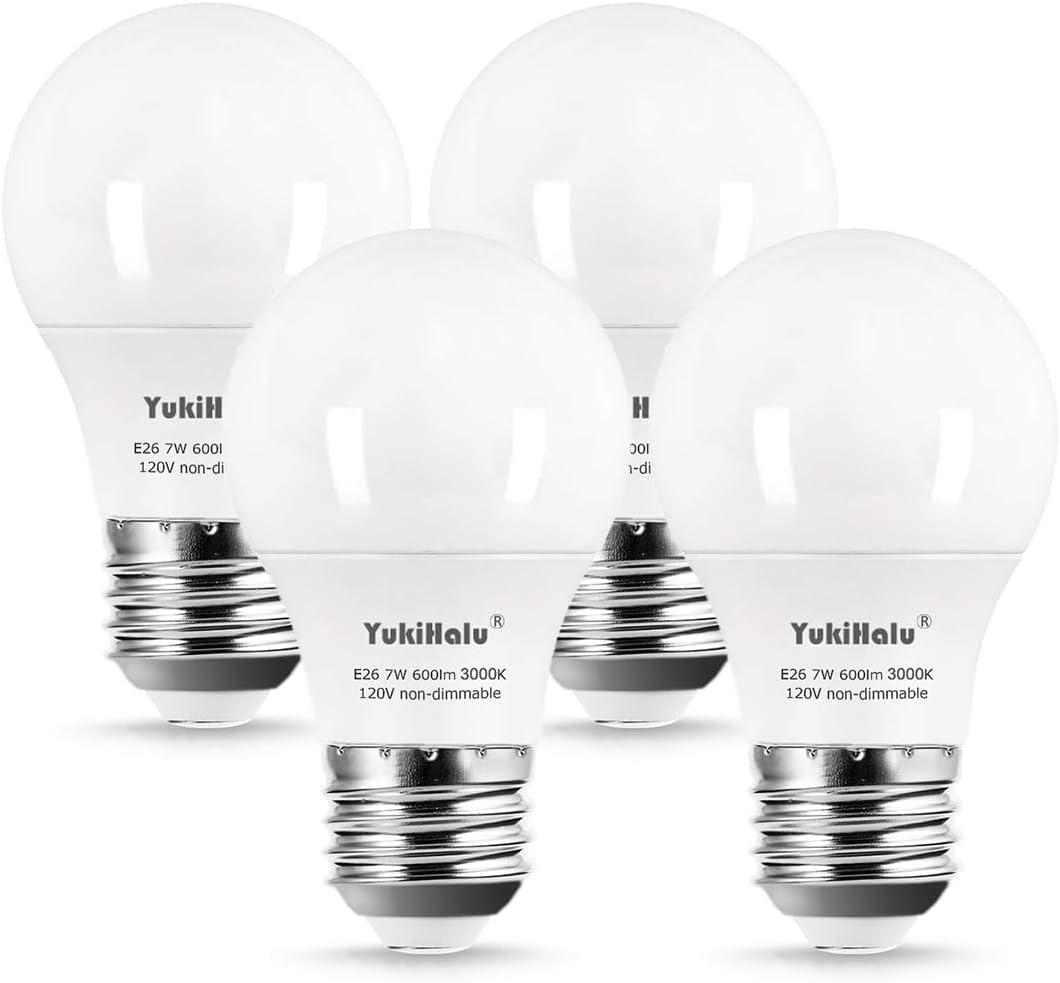 YukiHalu A15 LED Light Bulbs, 60W Equivalent, E26 Base, 2700K/3000K/4000K/5000K 7W 600 Lumens 120V, Non-Dimmable, Ceiling Fan Light Bulbs, Appliance Bulb, Pack of 4 (3000K Warm White)