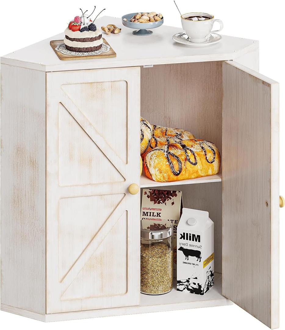 Corner Bread Box for Kitchen Counter Double Layer Bamboo Bread Storage Container Large Capacity Bread Storage Bin Farmhouse Breadbox Organizer (Antique White)