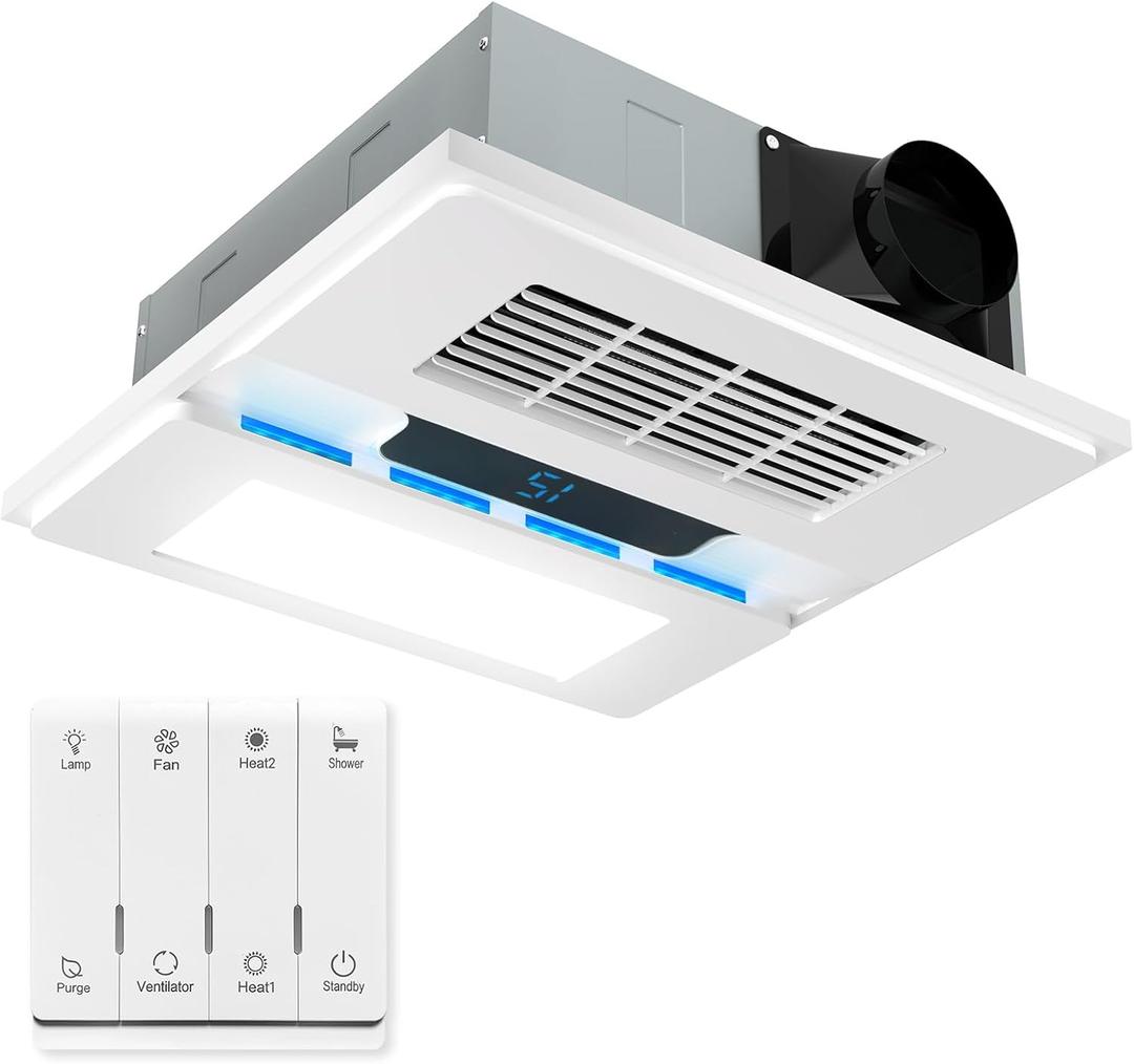 13.8in Bathroom Exhaust Fan with Light and Heater 1800W, 4 in 1 Bathroom Exhaust Fan with Heater 1.0 Sone, 12W LED Light, Metal Housing, Controller, Suitable for Bathrooms, Toilets, Shower Area