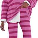 LAMISSCHE Oversized Womens Lounge Set Striped Sweater Set Long Sleeve 2 Piece Pajama Set Top and Pants with Pockets (Small, Hot Pink)