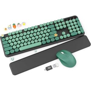 Wireless Keyboard and Mouse Combo - Cute Typewriter Keyboard with Detachable Wrist Rest, Retro Round Keycaps, Foldable Legs, 2.4GHz Keyboards for PC Laptop, Mac, Windows - Trueque (Black and Green)