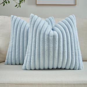 FUTEI Light Blue Striped Decorative Throw Pillow Covers 20x20 Inch Set of 2,Square Fall Decorations Couch Pillow Case,Soft Cozy Faux Rabbit Fur & Velvet Back,Modern Home Decor for Bed