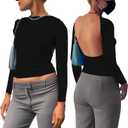 Backless Tops for Women Sexy - Casual Y2K Crop Shirts Long Sleeve Crewneck Slim Fit Cut Out Tees Black Small