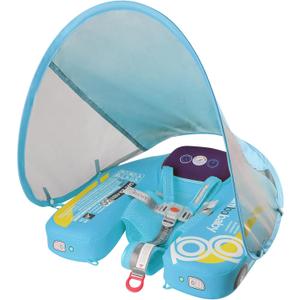 Mambobaby Baby Pool Float with Canopy & Tile, Kalolary Non-Inflatable Baby Swim Float Infant Swim Trainer Ring Toddler Pool Float with Adjustable Strap for 3-24 Months Age Boys Girls (Blue Car)